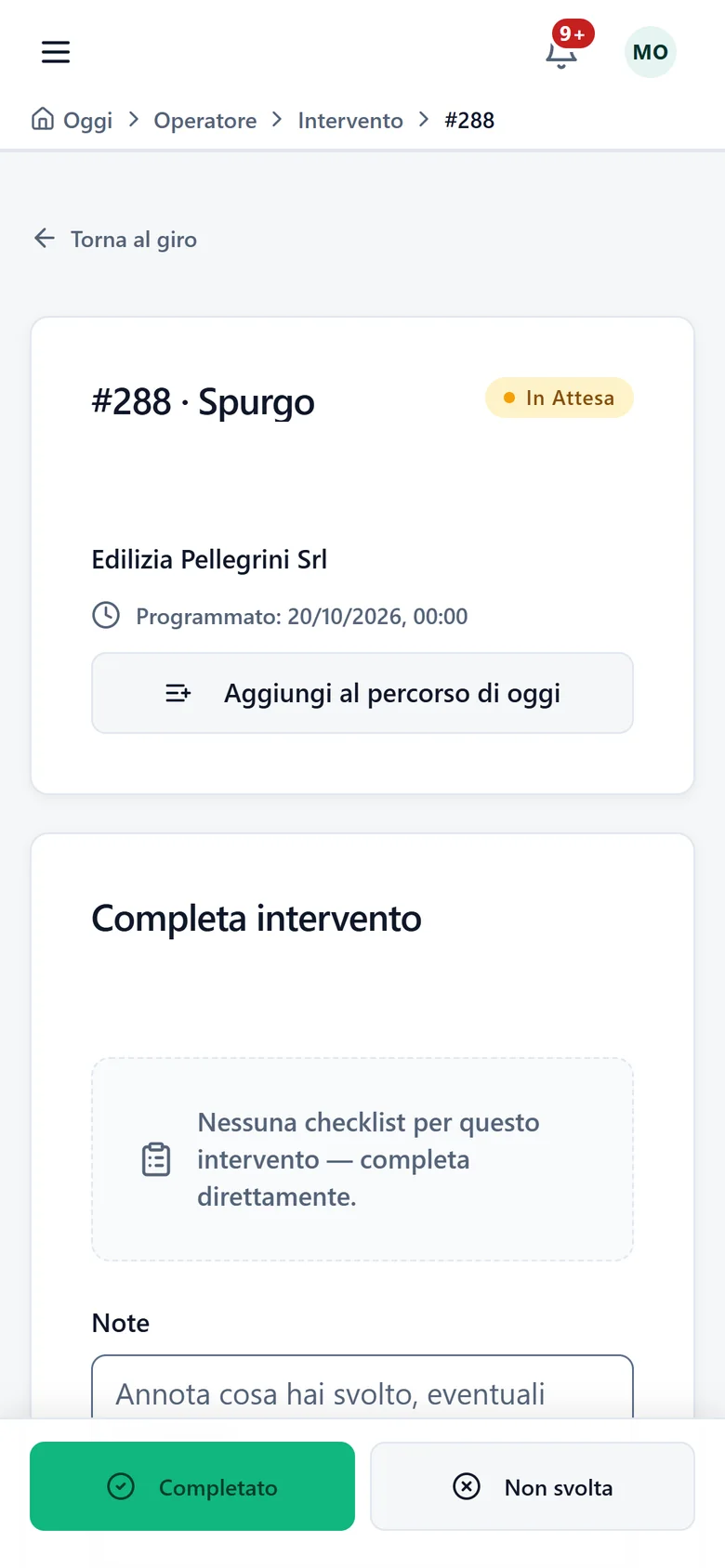 Operator app: a pumping task with the Completed and Not performed buttons