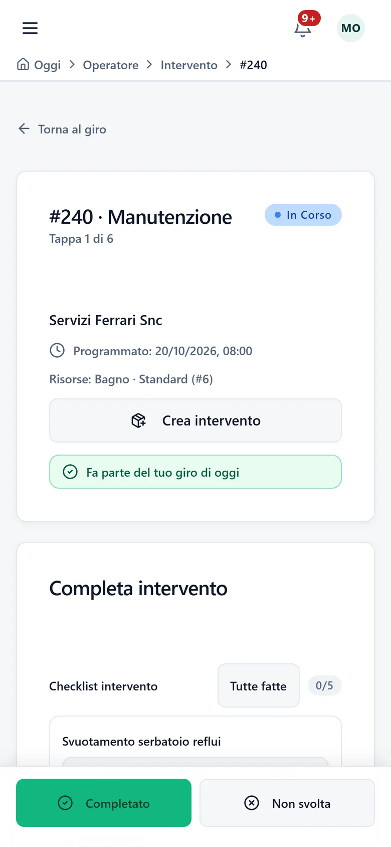 Operator app: an open stop, with the checklist items to tick
